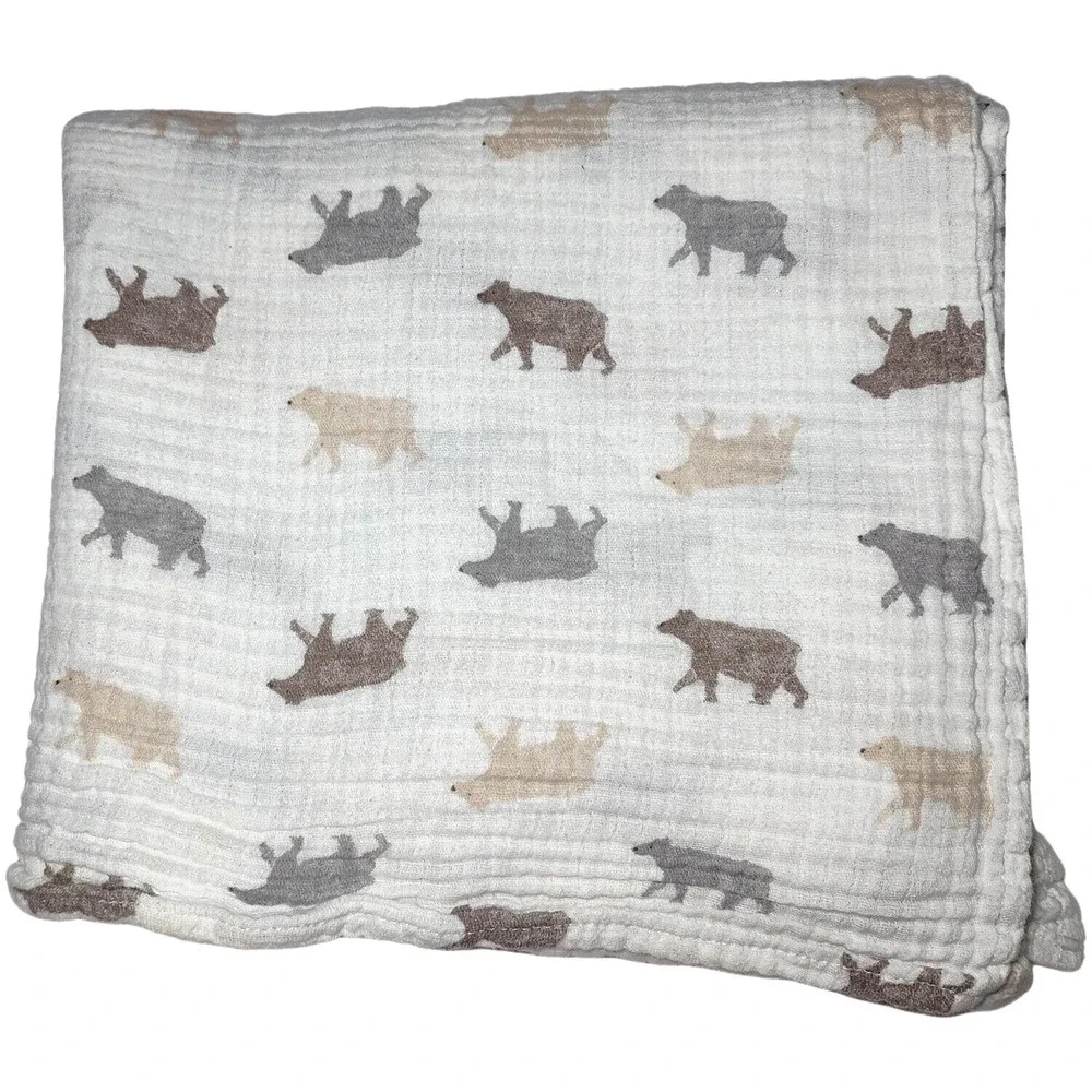 Aden + Anais White BEAR Muslin Swaddle Blanket Lightweight Cotton Unisex &